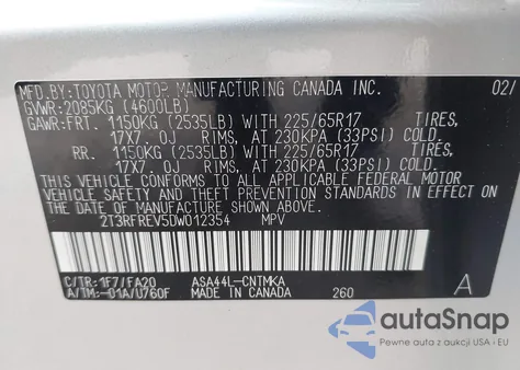 2013 Toyota Rav4 Xle z USA, uszkodzony, nr VIN 2T3RFREV5DW012354